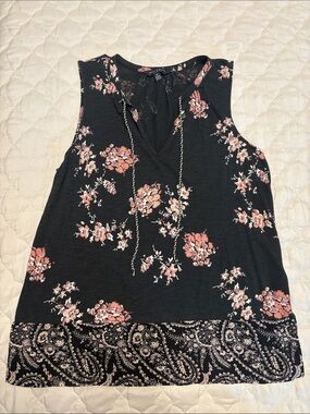 Lucky Brand Black Tank with Pink Floral Print and Paisley Hem